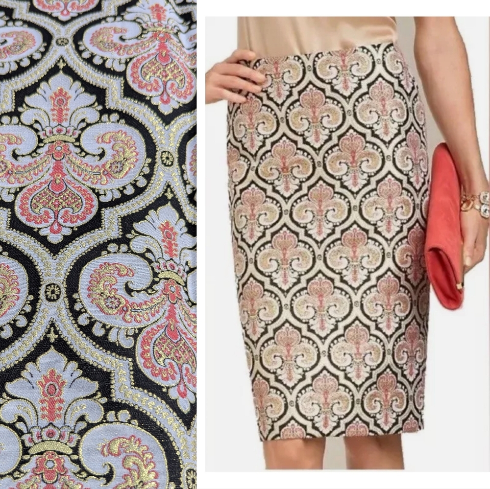 Talbots Damask brocade Gold Ivory Pink Black Pencil skirt